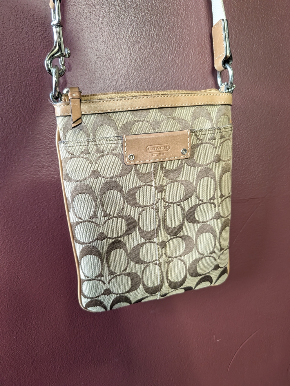 Coach Signature C Monogram Jacquard Canvas Crossbody in Khaki Tan Shoulder Bag